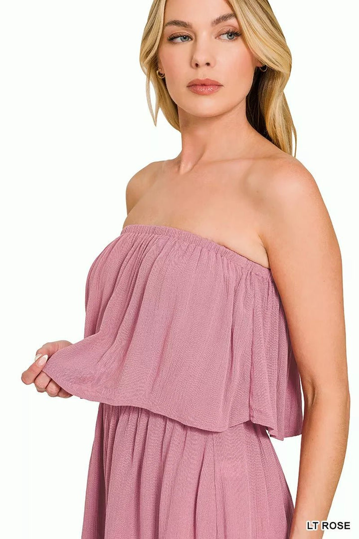 Zenana Woven Crinkle Strapless Romper - Trendy One - Piece/Romper in Rose for Women | The802Gypsy