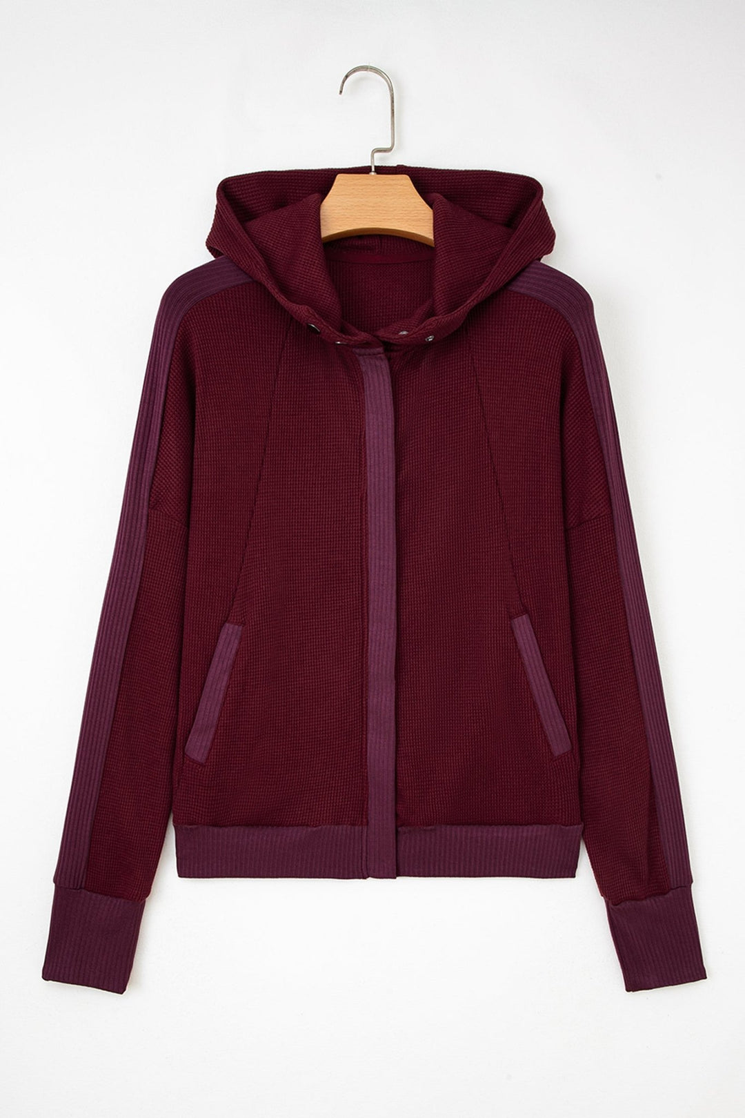 Waffle Splicing Zip Up Hooded Jacket - Trendy Outerwear in Burgundy for Women | The802Gypsy