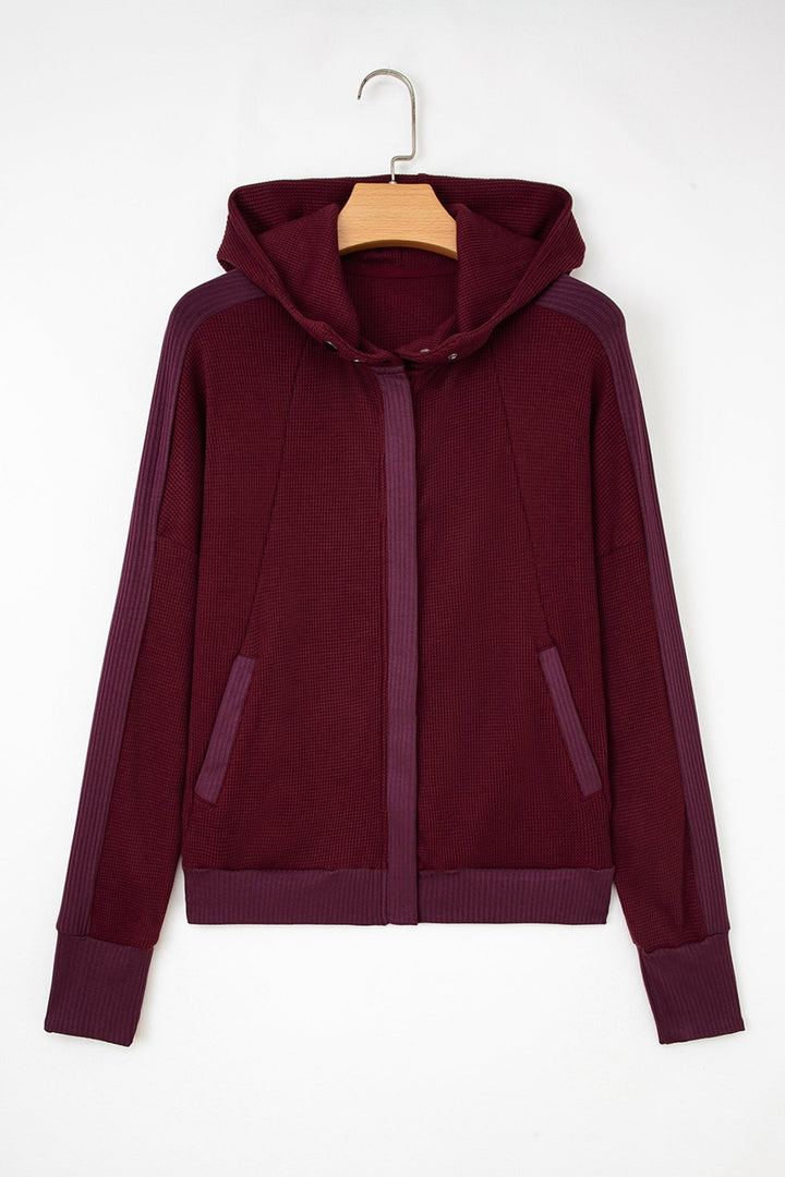 Waffle Splicing Zip Up Hooded Jacket - Trendy Outerwear in Burgundy for Women | The802Gypsy