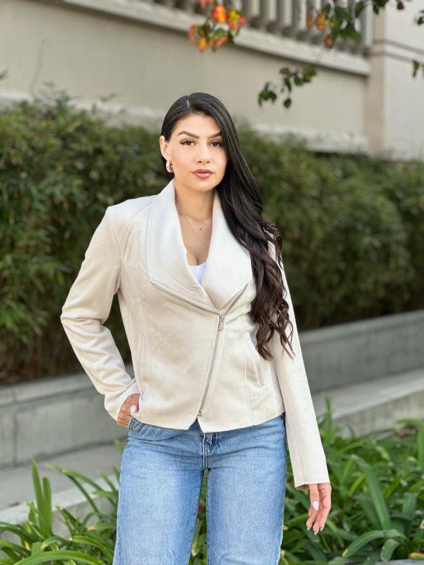 Faux Suede Biker Zip Up Moto Jacket - Trendy Outerwear/Biker jacket in Bone for Women | The802Gypsy