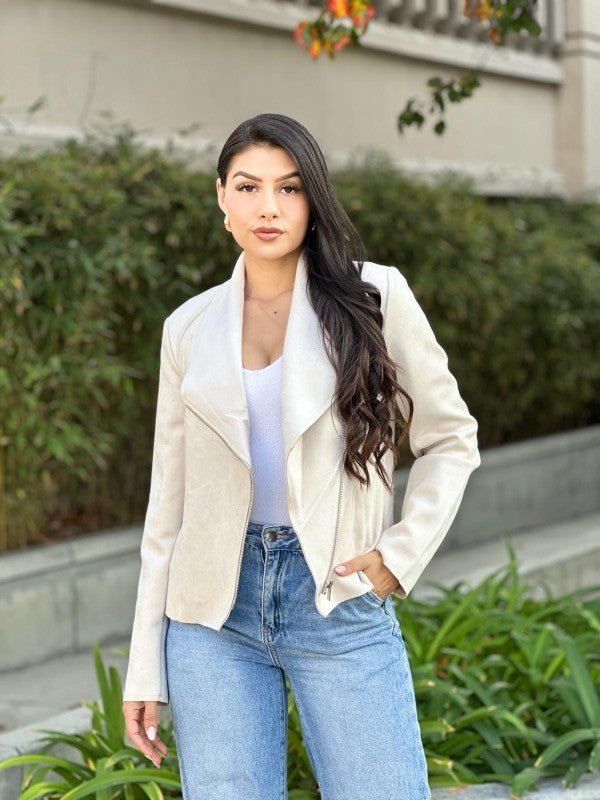 Faux Suede Biker Zip Up Moto Jacket - Trendy Outerwear/Biker jacket in Bone for Women | The802Gypsy