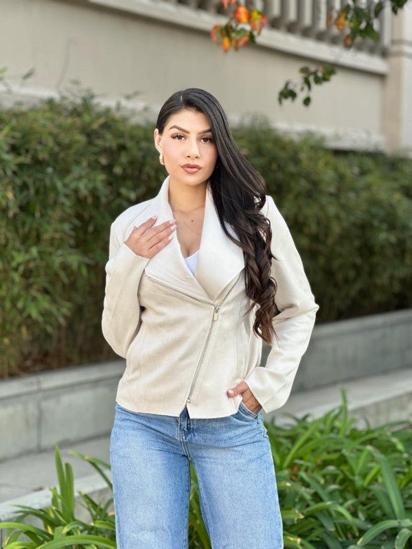 Faux Suede Biker Zip Up Moto Jacket - Trendy Outerwear/Biker jacket in Bone for Women | The802Gypsy