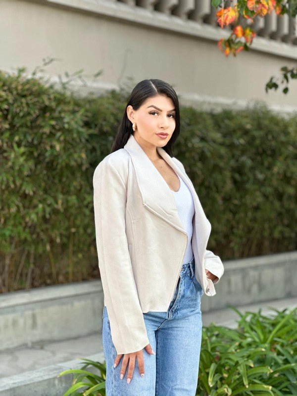 Faux Suede Biker Zip Up Moto Jacket - Trendy Outerwear/Biker jacket in Bone for Women | The802Gypsy