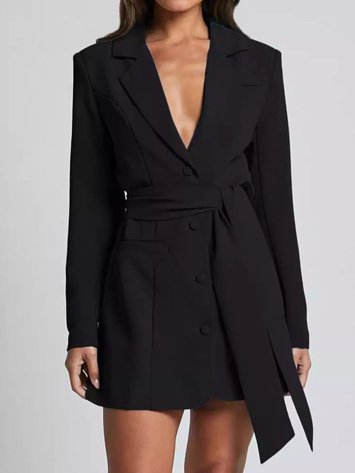 Lapel Collar Tie Waist Blazer - Trendy Outerwear/Blazers in Black for Women | The802Gypsy