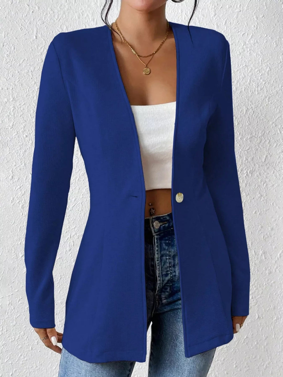 One Button Long Sleeve Blazer - Trendy Outerwear/Blazers in Blue for Women | The802Gypsy