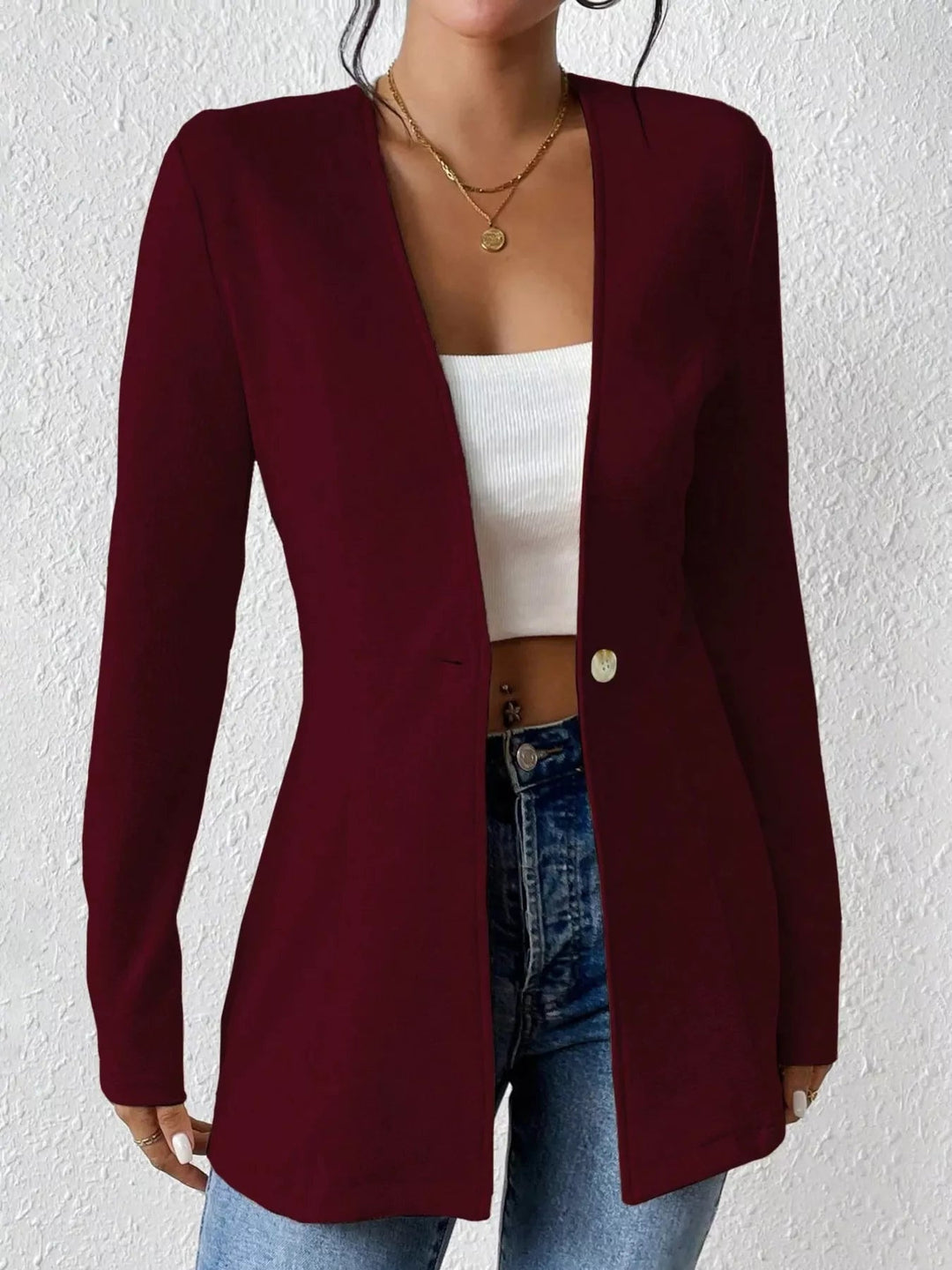 One Button Long Sleeve Blazer - Trendy Outerwear/Blazers in Burgundy for Women | The802Gypsy