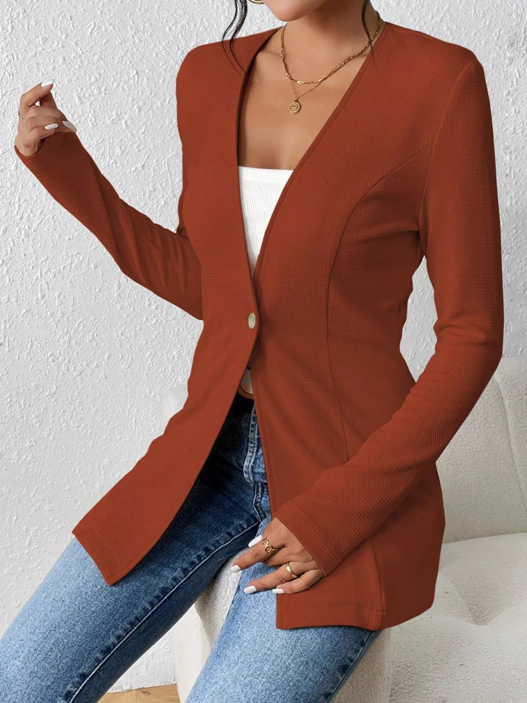 One Button Long Sleeve Blazer - Trendy Outerwear/Blazers in Coffee Brown for Women | The802Gypsy