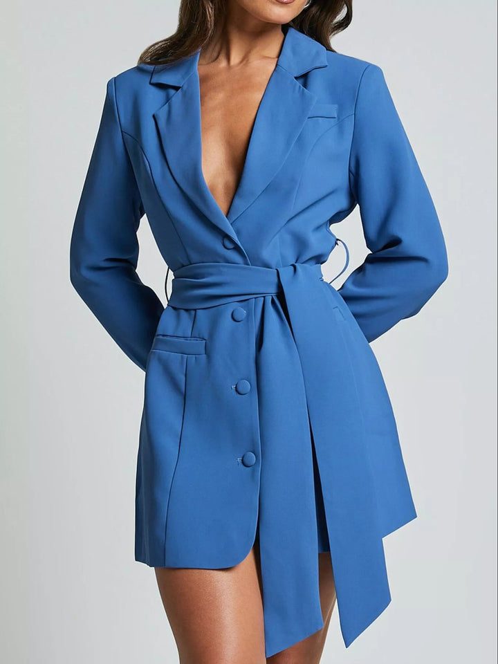 Lapel Collar Tie Waist Blazer - Trendy Outerwear/Blazers in Royal Blue for Women | The802Gypsy