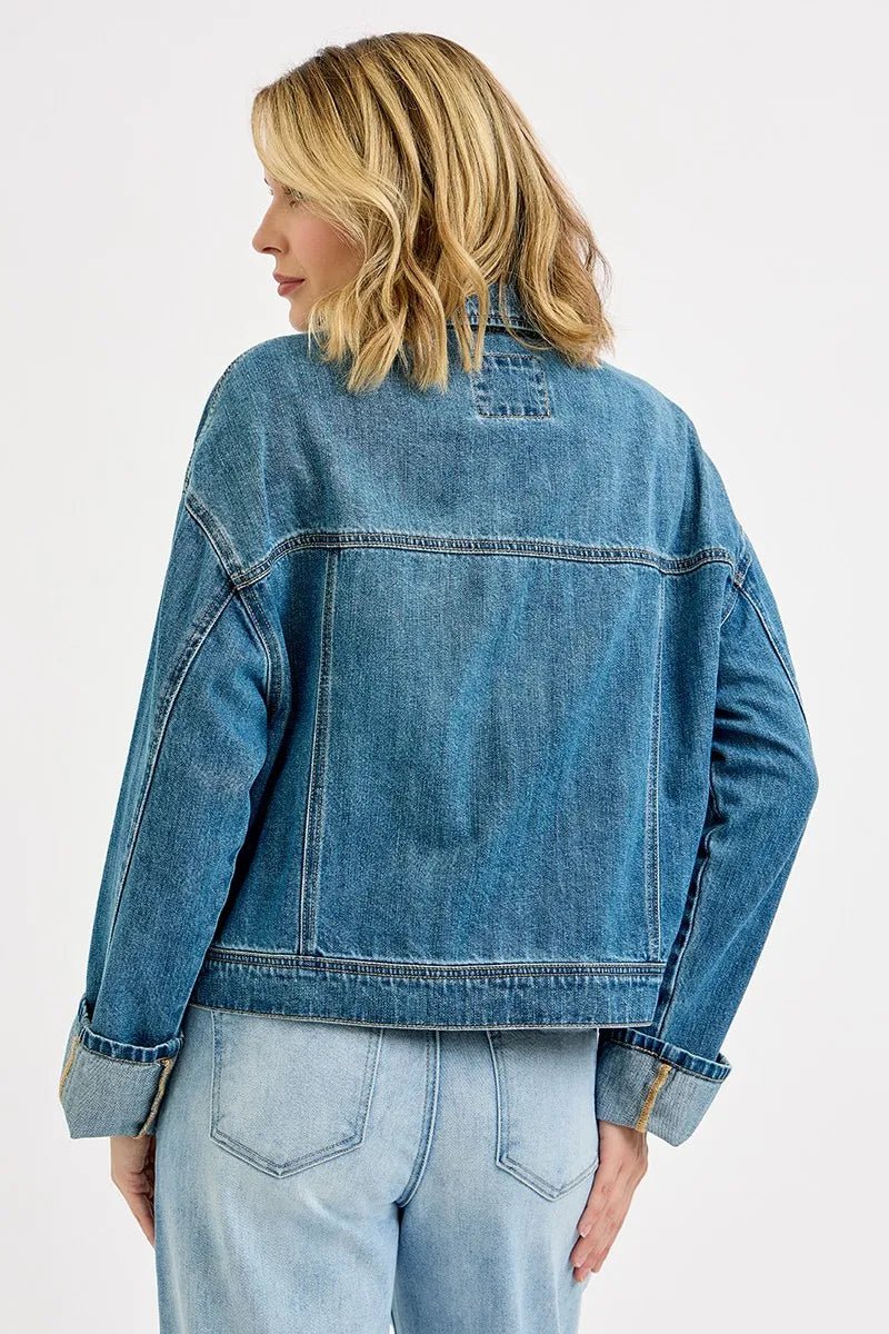 RISEN Oversized Cargo Denim Jacket - Trendy Outerwear/Denim jackets in Medium Denim for Women | The802Gypsy