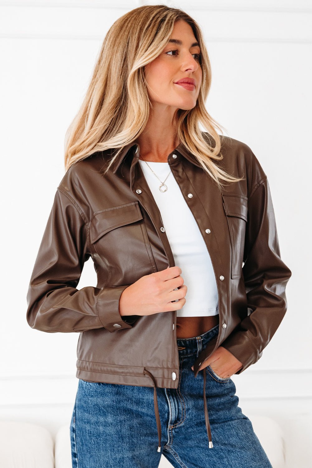 Double Flap Pocket Leather Jacket - Trendy Outerwear/Jackets in Chicory Coffee for Women | The802Gypsy
