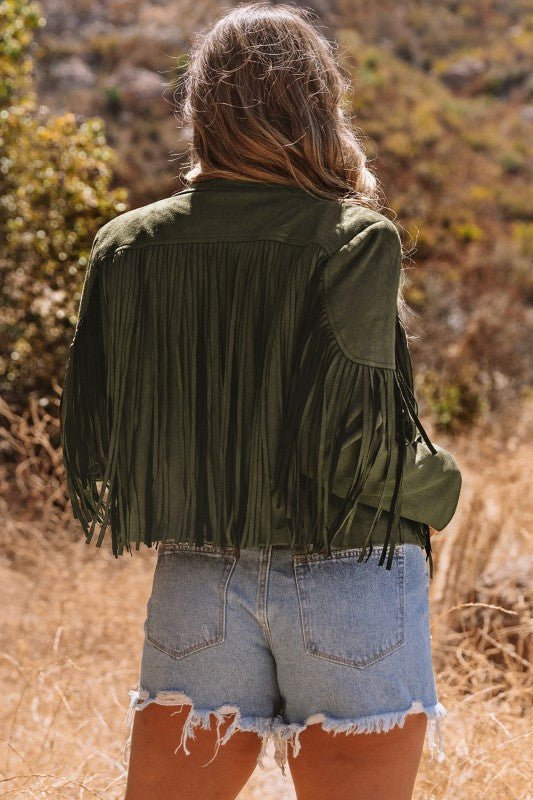 JUNIPER BLVD Western Faux Suede Fringe Cropped Jacket - Trendy Outerwear/Jackets in Green for Women | The802Gypsy
