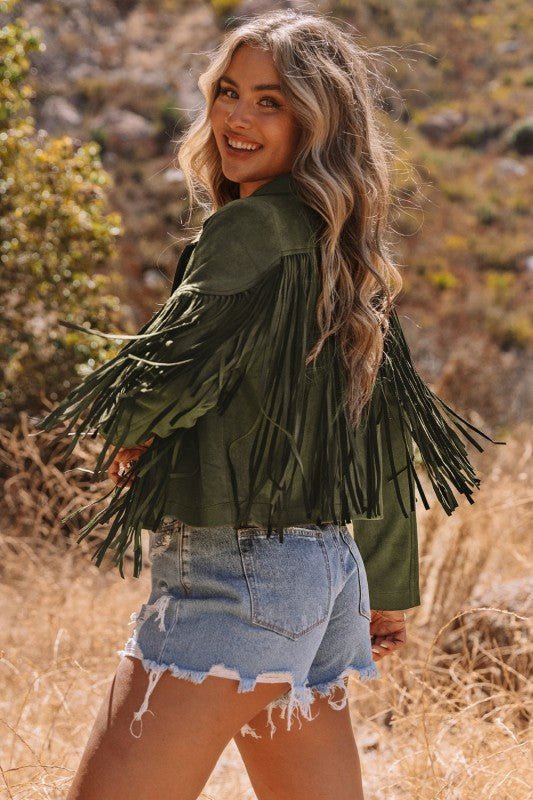 JUNIPER BLVD Western Faux Suede Fringe Cropped Jacket - Trendy Outerwear/Jackets in Green for Women | The802Gypsy