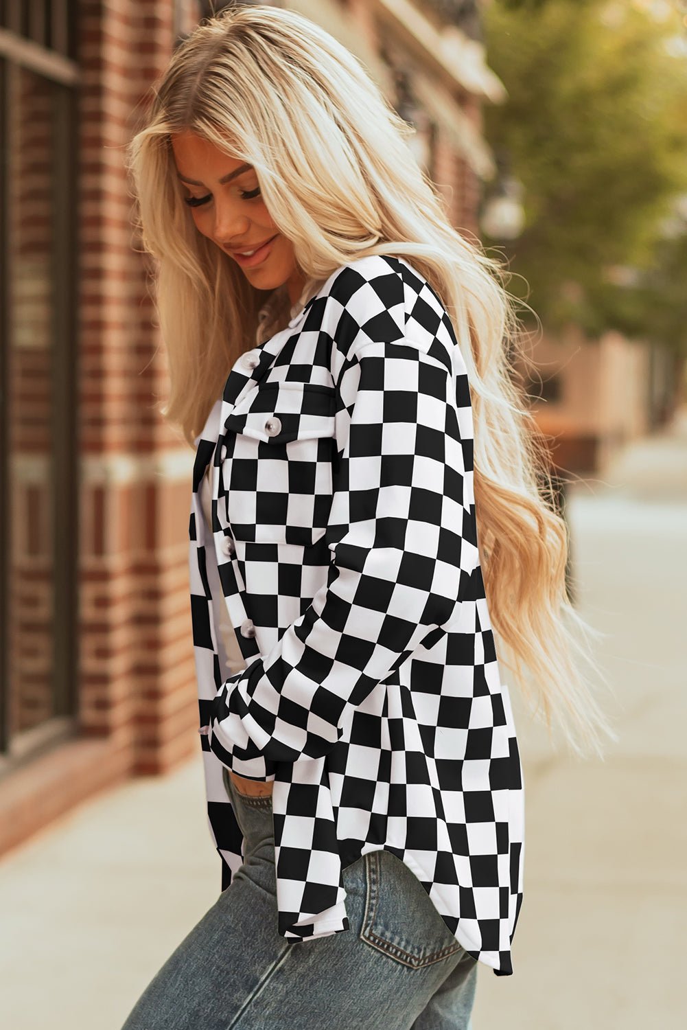 Flap Pocket Checkerboard Shacket - Trendy Outerwear/Plaid Shackets in Black for Women | The802Gypsy