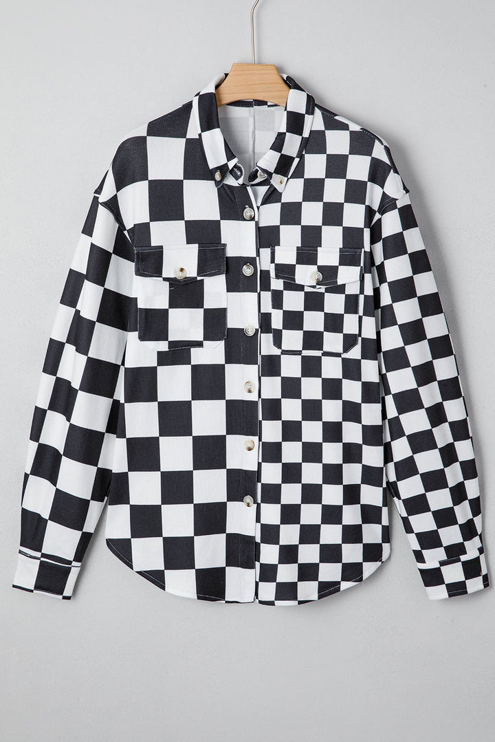 Flap Pocket Checkerboard Shacket - Trendy Outerwear/Plaid Shackets in Black for Women | The802Gypsy