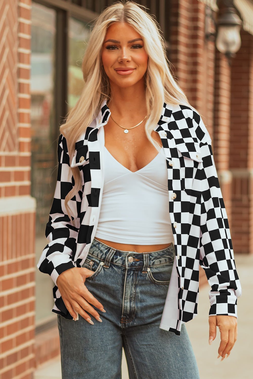 Flap Pocket Checkerboard Shacket - Trendy Outerwear/Plaid Shackets in Black for Women | The802Gypsy
