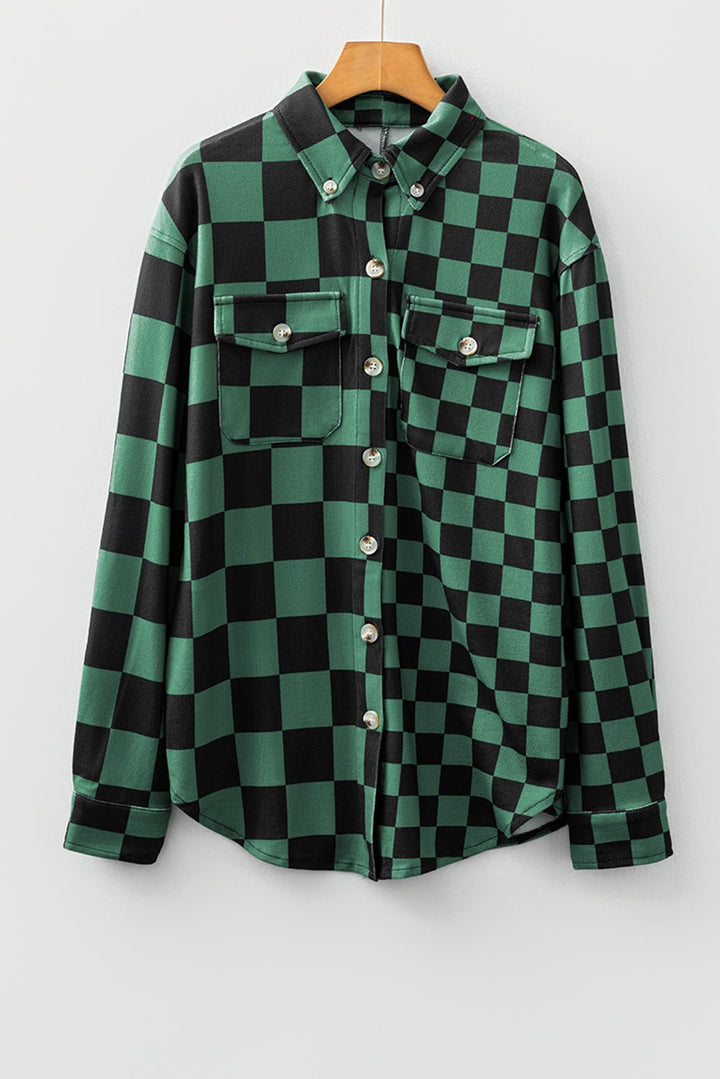 Flap Pocket Checkerboard Shacket - Trendy Outerwear/Plaid Shackets in Green for Women | The802Gypsy