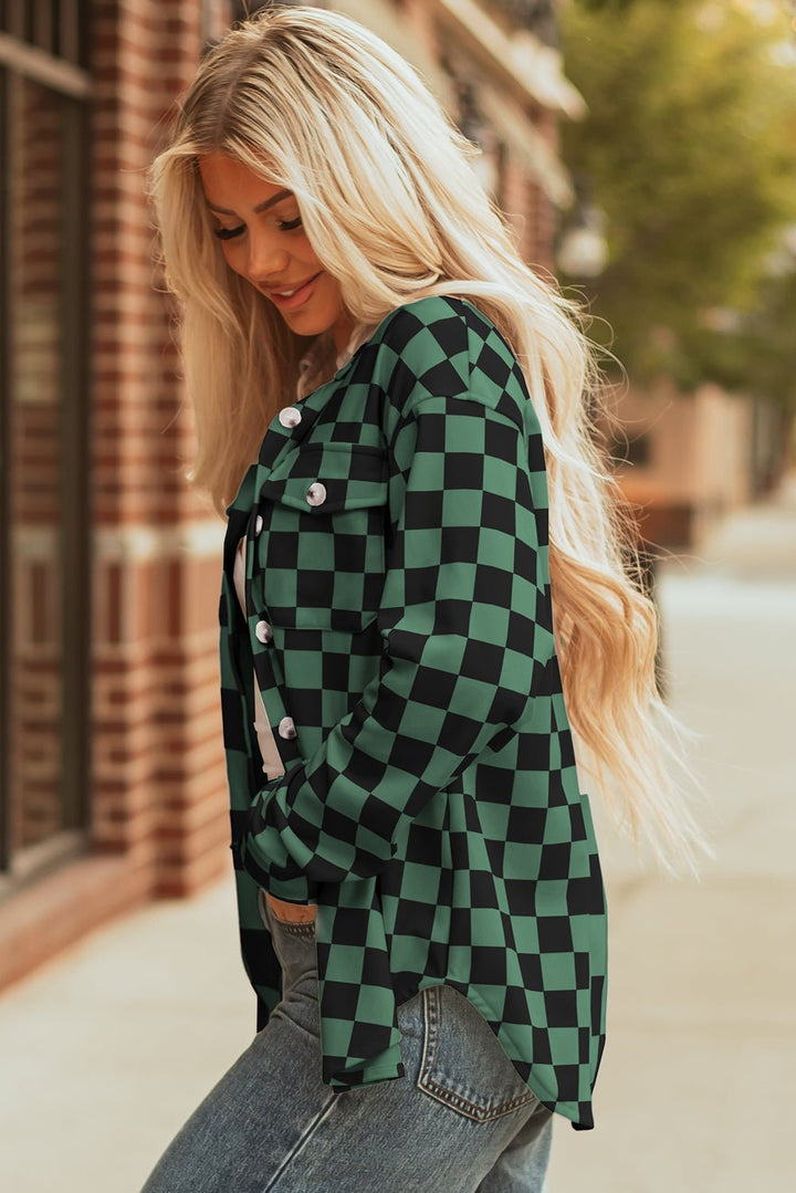 Flap Pocket Checkerboard Shacket - Trendy Outerwear/Plaid Shackets in Green for Women | The802Gypsy