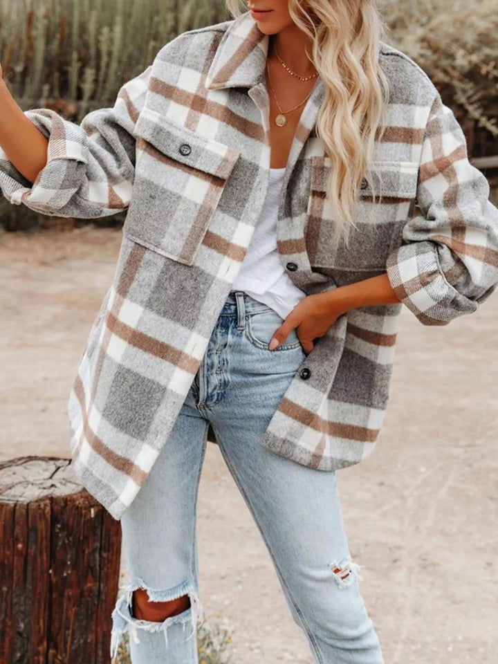 Plaid Button Down Shacket - Trendy Outerwear/Plaid Shackets in Grey for Women | The802Gypsy