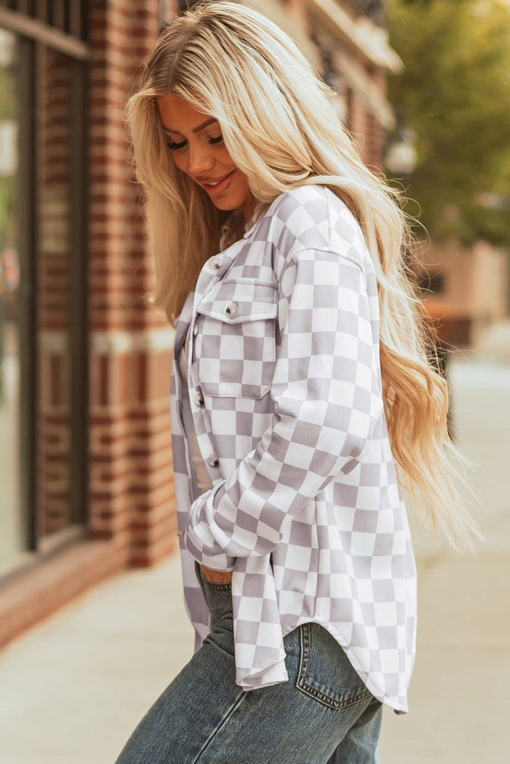 Flap Pocket Checkerboard Shacket - Trendy Outerwear/Plaid Shackets in Khaki for Women | The802Gypsy