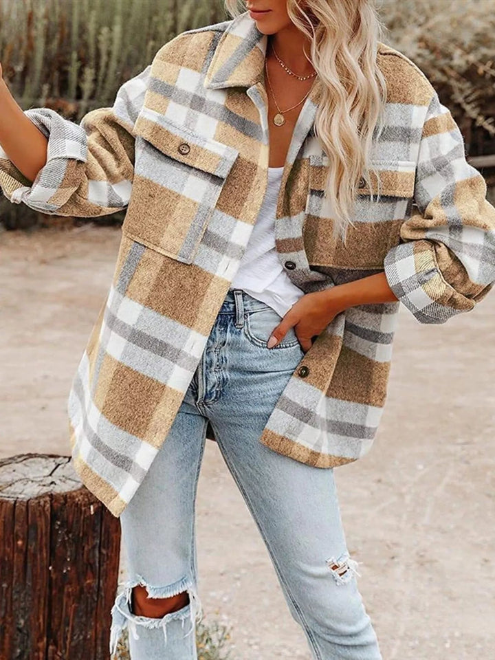 Plaid Button Down Shacket - Trendy Outerwear/Plaid Shackets in Khaki for Women | The802Gypsy