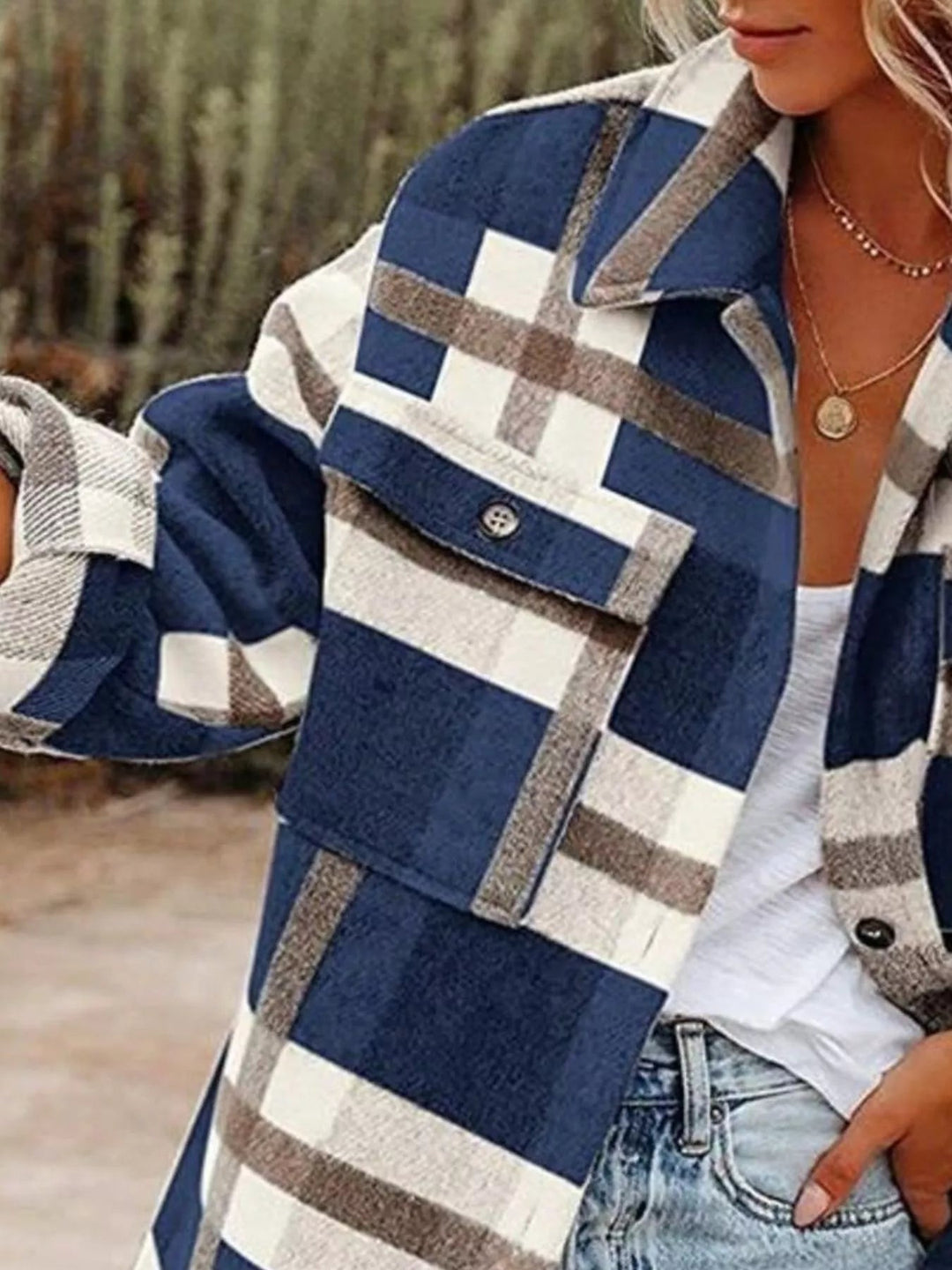 Plaid Button Down Shacket - Trendy Outerwear/Plaid Shackets in Navy Blue for Women | The802Gypsy