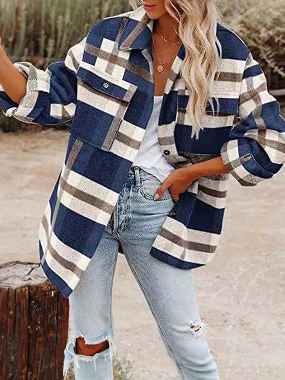 Plaid Button Down Shacket - Trendy Outerwear/Plaid Shackets in Navy Blue for Women | The802Gypsy