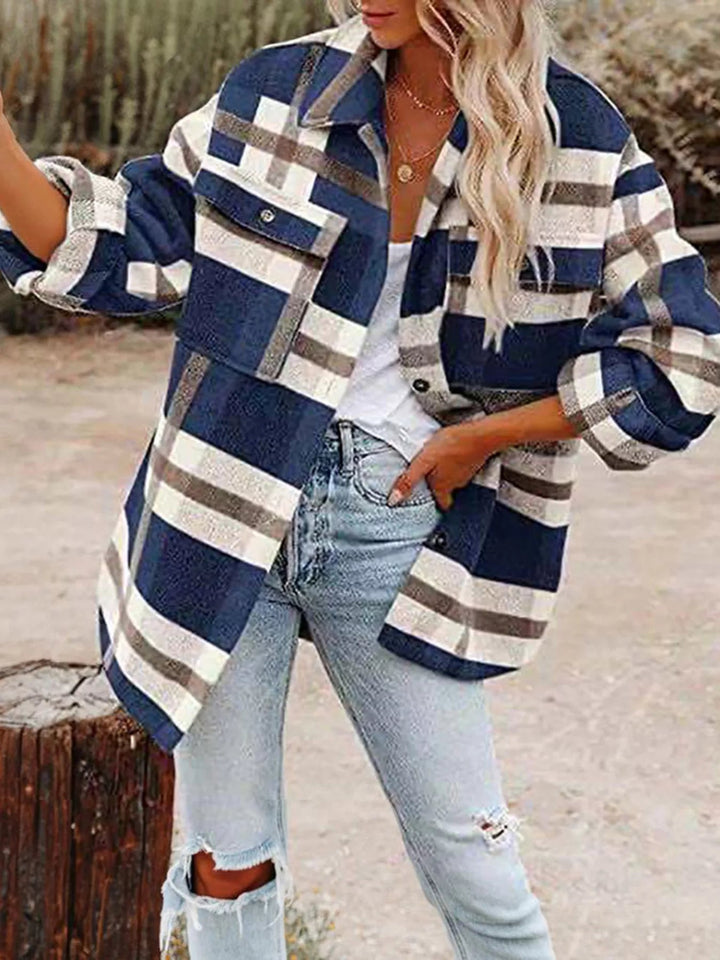 Plaid Button Down Shacket - Trendy Outerwear/Plaid Shackets in Navy Blue for Women | The802Gypsy