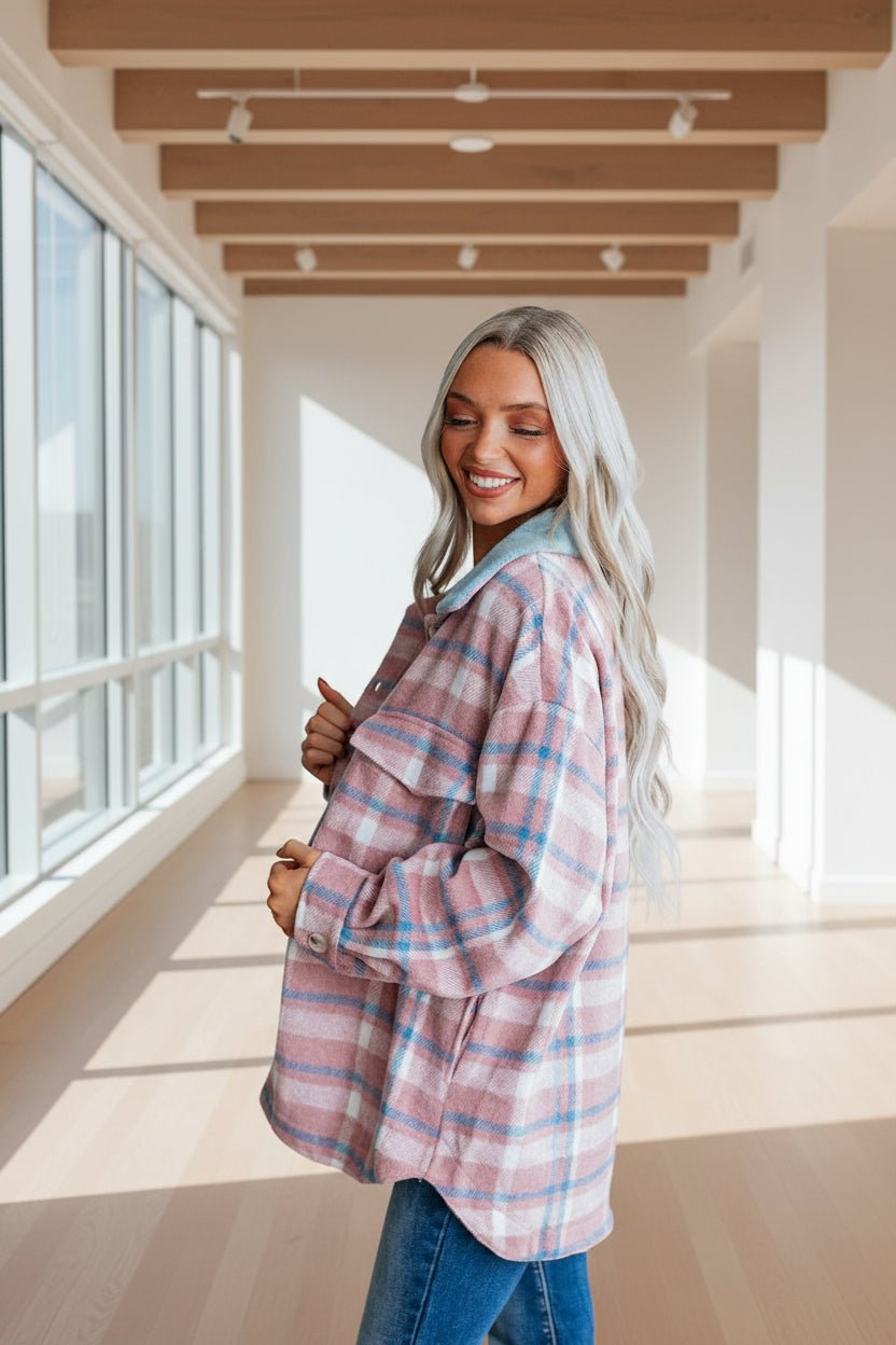 Plaid Color Block Loose Shacket - Trendy Outerwear/Plaid Shackets in Pink for Women | The802Gypsy