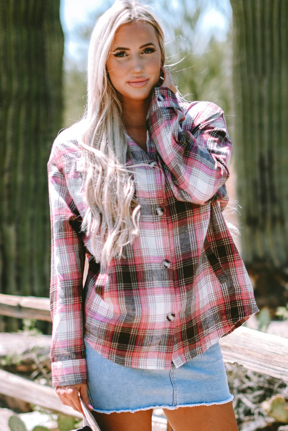 Pink Plaid Flap Pocket Shacket - Trendy Outerwear/Plaid Shackets in Pink for Women | The802Gypsy