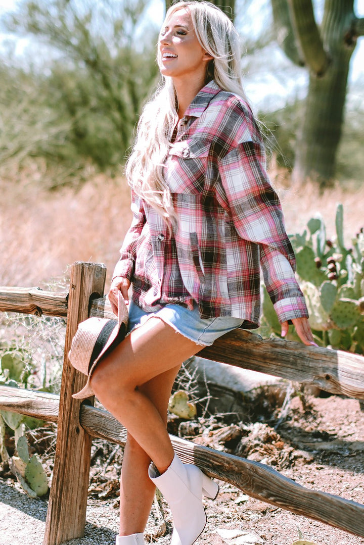 Pink Plaid Flap Pocket Shacket - Trendy Outerwear/Plaid Shackets in Pink for Women | The802Gypsy