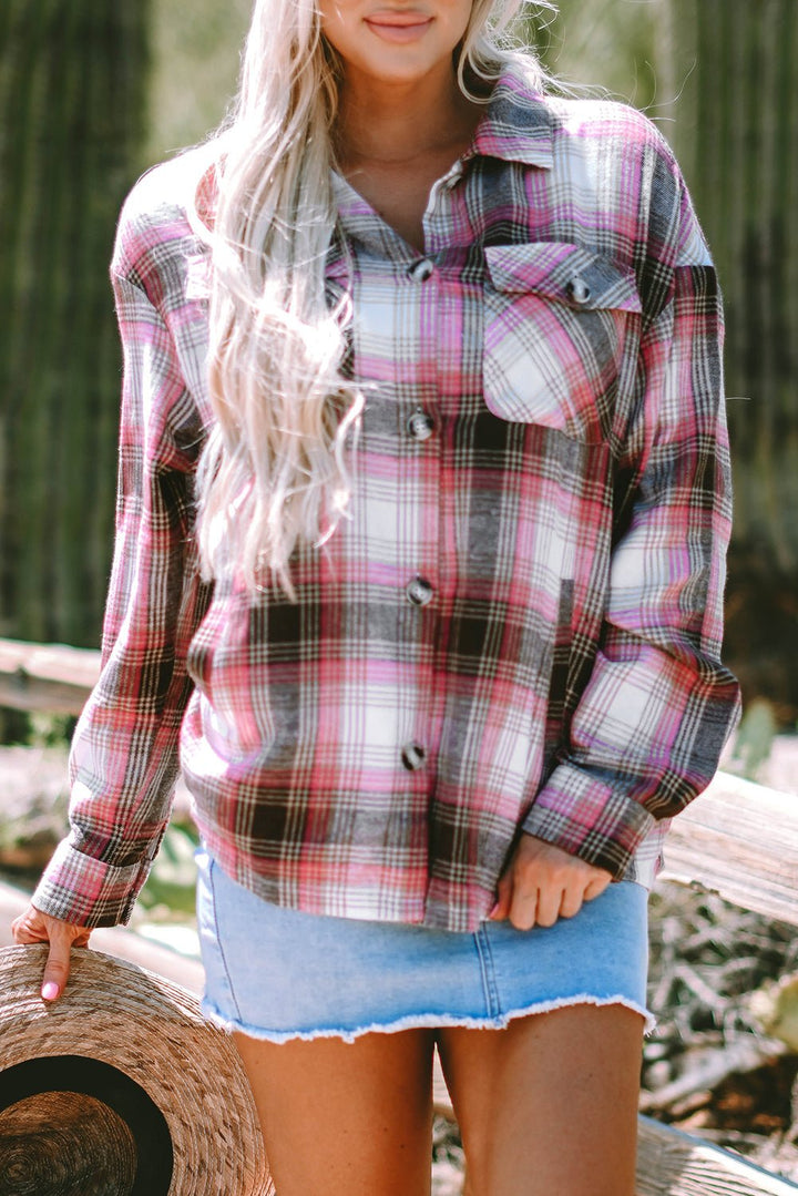 Pink Plaid Flap Pocket Shacket - Trendy Outerwear/Plaid Shackets in Pink for Women | The802Gypsy