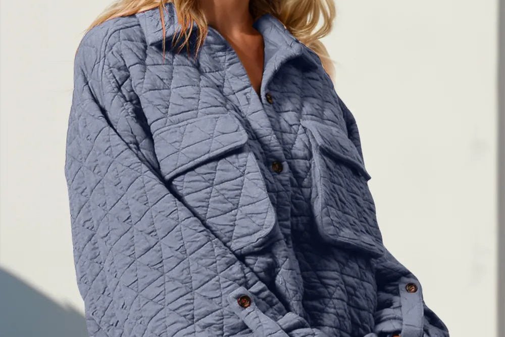 Double Take Button Up Quilted Shacket with Chest Pockets - Trendy Outerwear/Shakets in Dusty Blue for Women | The802Gypsy