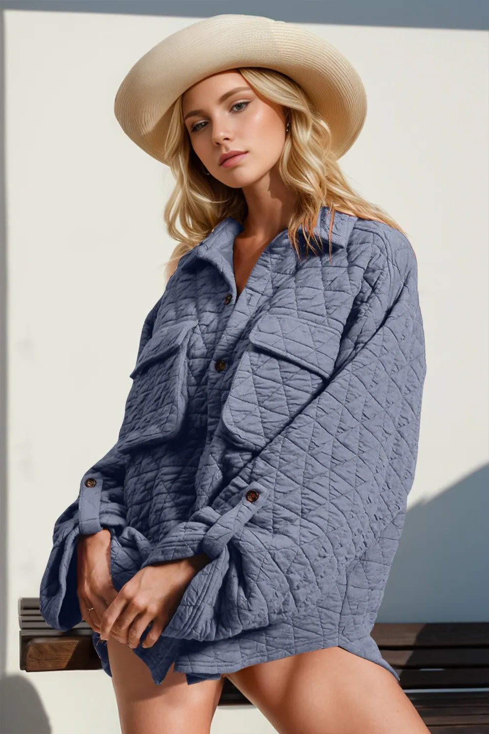 Double Take Button Up Quilted Shacket with Chest Pockets - Trendy Outerwear/Shakets in Dusty Blue for Women | The802Gypsy