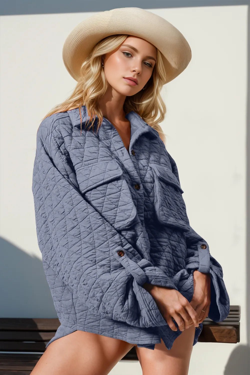 Double Take Button Up Quilted Shacket with Chest Pockets - Trendy Outerwear/Shakets in Dusty Blue for Women | The802Gypsy