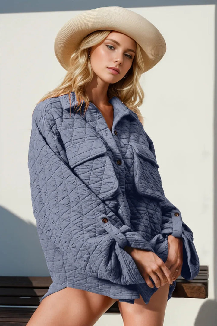Double Take Button Up Quilted Shacket with Chest Pockets - Trendy Outerwear/Shakets in Dusty Blue for Women | The802Gypsy