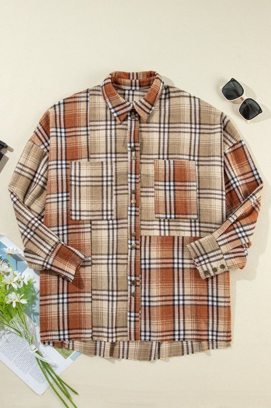 Plaid Colorblock Patchwork Snap Shacket - Trendy Outerwear/Shakets in Khaki for Women | The802Gypsy