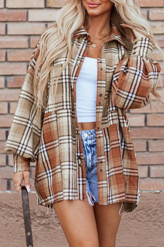 Plaid Colorblock Patchwork Snap Shacket - Trendy Outerwear/Shakets in Khaki for Women | The802Gypsy