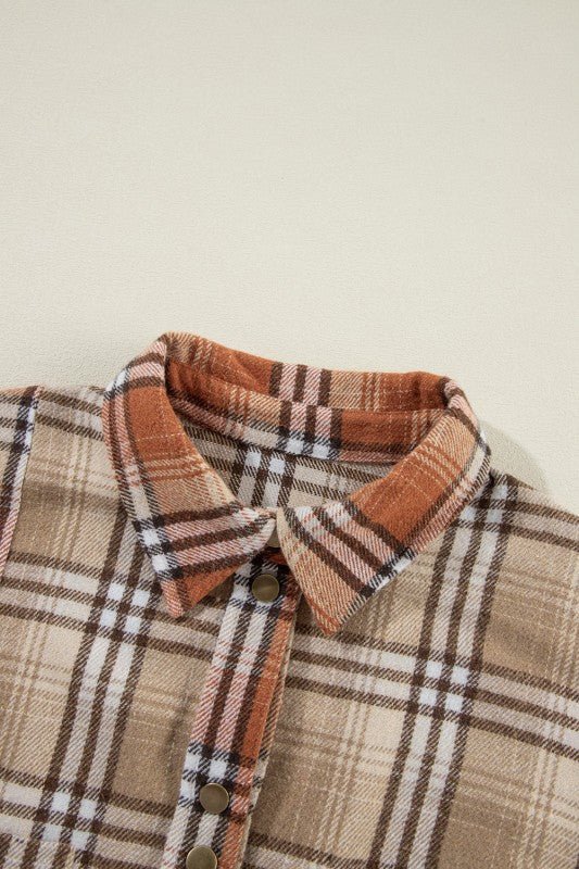 Plaid Colorblock Patchwork Snap Shacket - Trendy Outerwear/Shakets in Khaki for Women | The802Gypsy