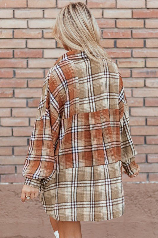 Plaid Colorblock Patchwork Snap Shacket - Trendy Outerwear/Shakets in Khaki for Women | The802Gypsy