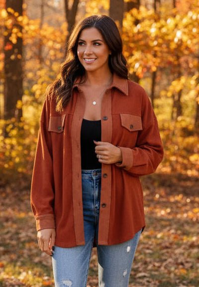 Casual Button - Down Shacket - Trendy Outerwear/Shakets in Terracotta for Women | The802Gypsy