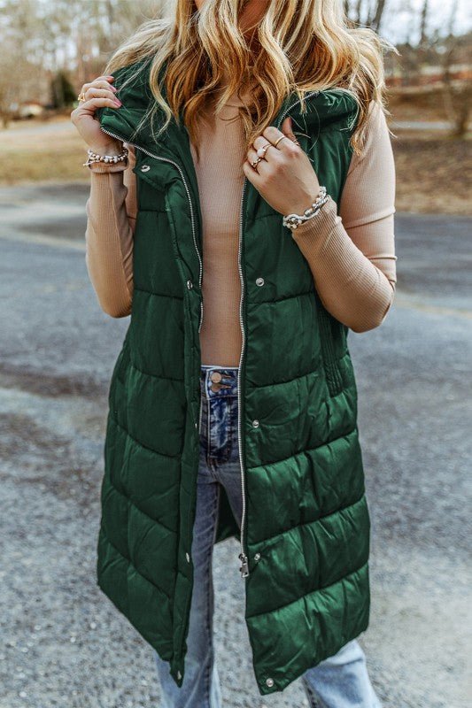 Quilted Long Hooded Vest Coat - Trendy outerwear/Vests in Green for Women | The802Gypsy