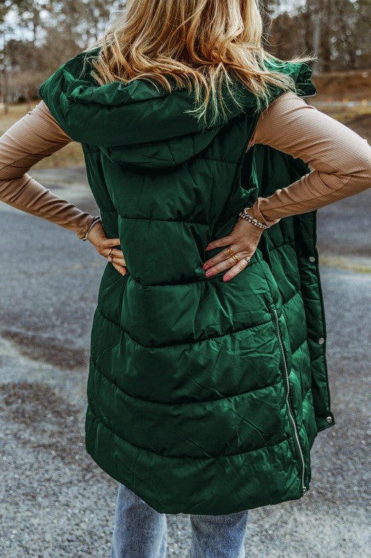 Quilted Long Hooded Vest Coat - Trendy outerwear/Vests in Green for Women | The802Gypsy