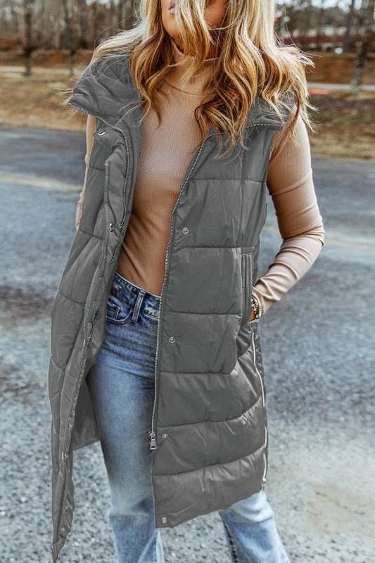 Quilted Long Hooded Vest Coat - Trendy outerwear/Vests in Green for Women | The802Gypsy