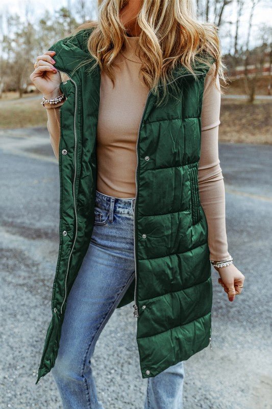 Quilted Long Hooded Vest Coat - Trendy outerwear/Vests in Green for Women | The802Gypsy