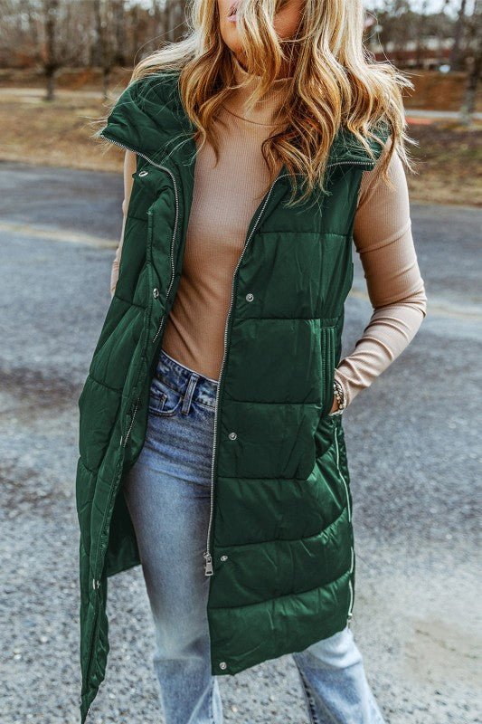 Quilted Long Hooded Vest Coat - Trendy outerwear/Vests in Green for Women | The802Gypsy