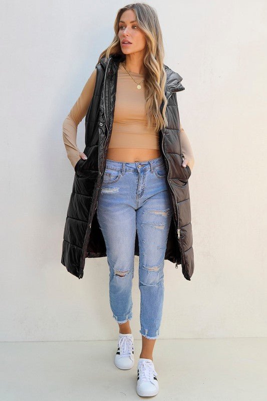 Quilted Long Hooded Vest Coat - Trendy outerwear/Vests in Green for Women | The802Gypsy