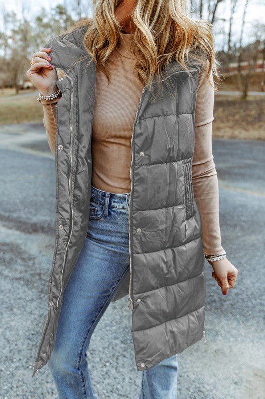 Quilted Long Hooded Vest Coat - Trendy outerwear/Vests in Green for Women | The802Gypsy