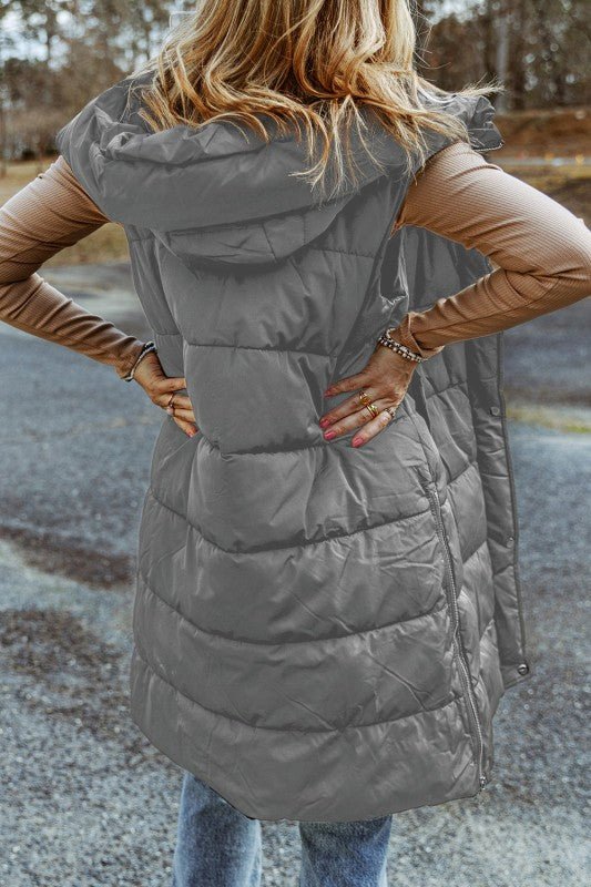 Quilted Long Hooded Vest Coat - Trendy outerwear/Vests in Green for Women | The802Gypsy
