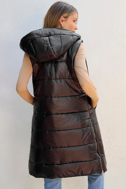 Quilted Long Hooded Vest Coat - Trendy outerwear/Vests in Green for Women | The802Gypsy
