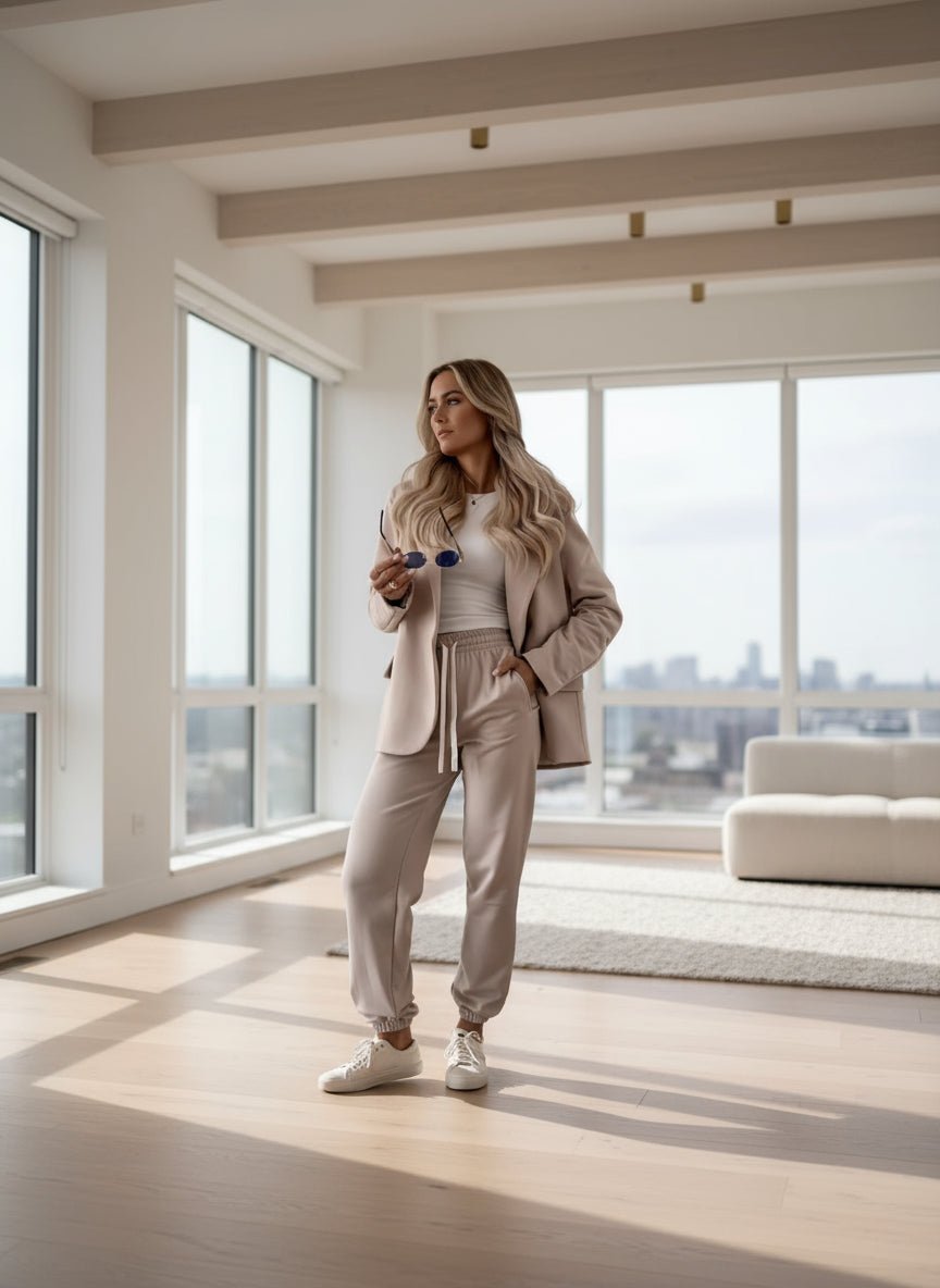 Lapel Collar One Button Blazer & Joggers Set - Trendy Outfit Sets in Khaki for Women | The802Gypsy